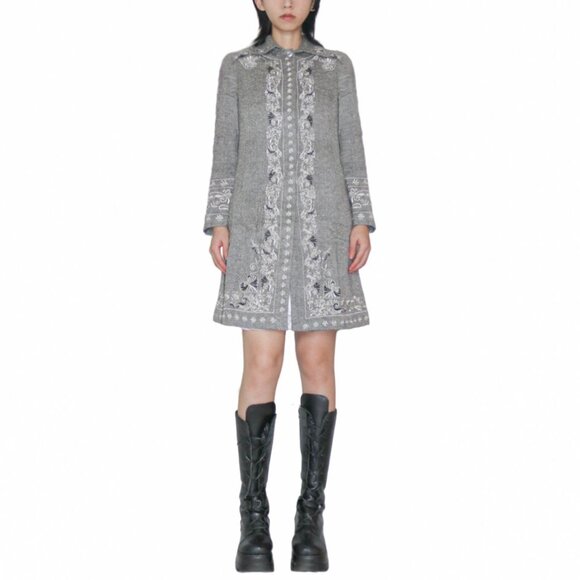 Vintage Floral Embroidered Herringbone Wool Coat 70s Gothic Boho Long Jacket - Picture 1 of 8